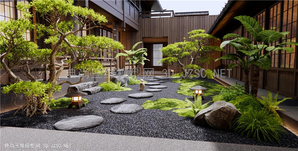 日式居家庭院景观 中庭造景 禅意园艺造景 庭院植物 苔藓 景观树 景观石头1