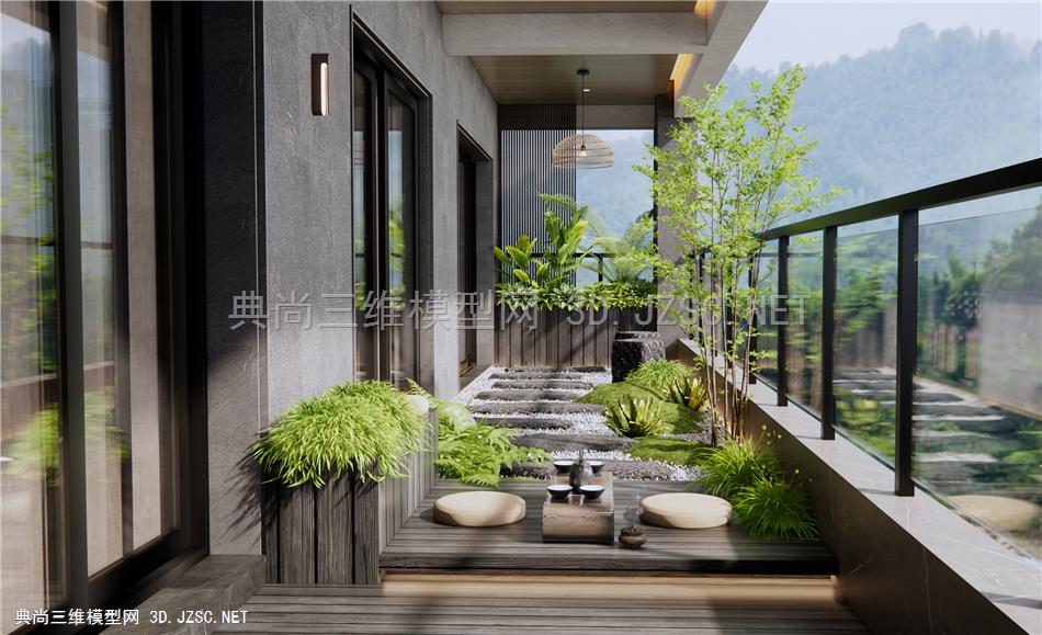 现代家居阳台 枯山水 植物景观 花草 茶桌椅