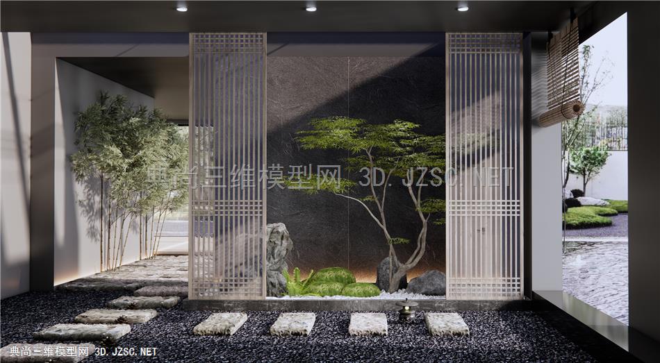 新中式枯山水庭院小品 室内景观造景 枫树 景观石头 石板