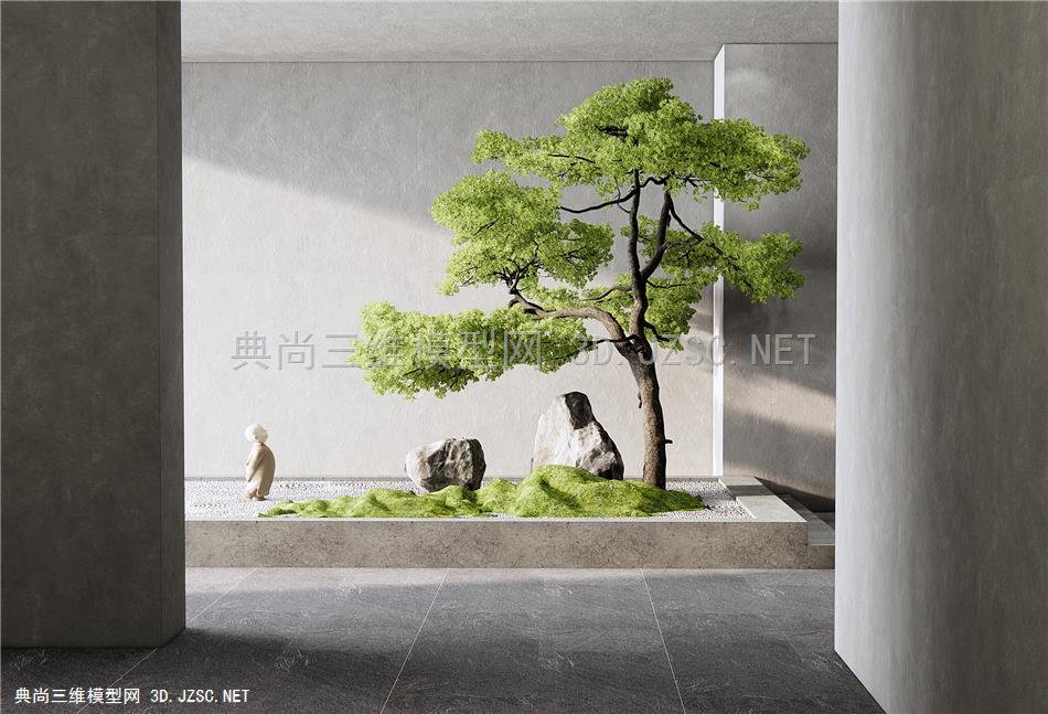 新中式松树景观造景 庭院小品 苔藓 景观石头 室内绿植景观