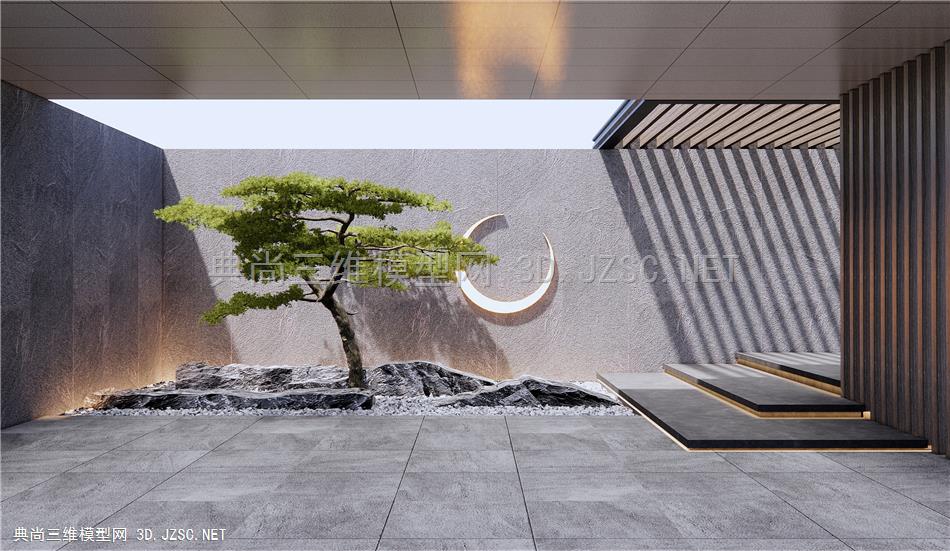 新中式景观造景 景观石 条石 松树 迎客松 景墙 示范区景观 庭院景观