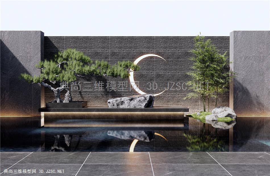 新中式水景墙 假山水景 松树 景观石头 竹子1