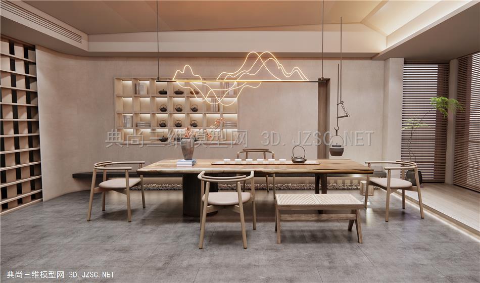 新中式茶室 茶桌椅 茶台 山脉造型吊灯 休闲椅1