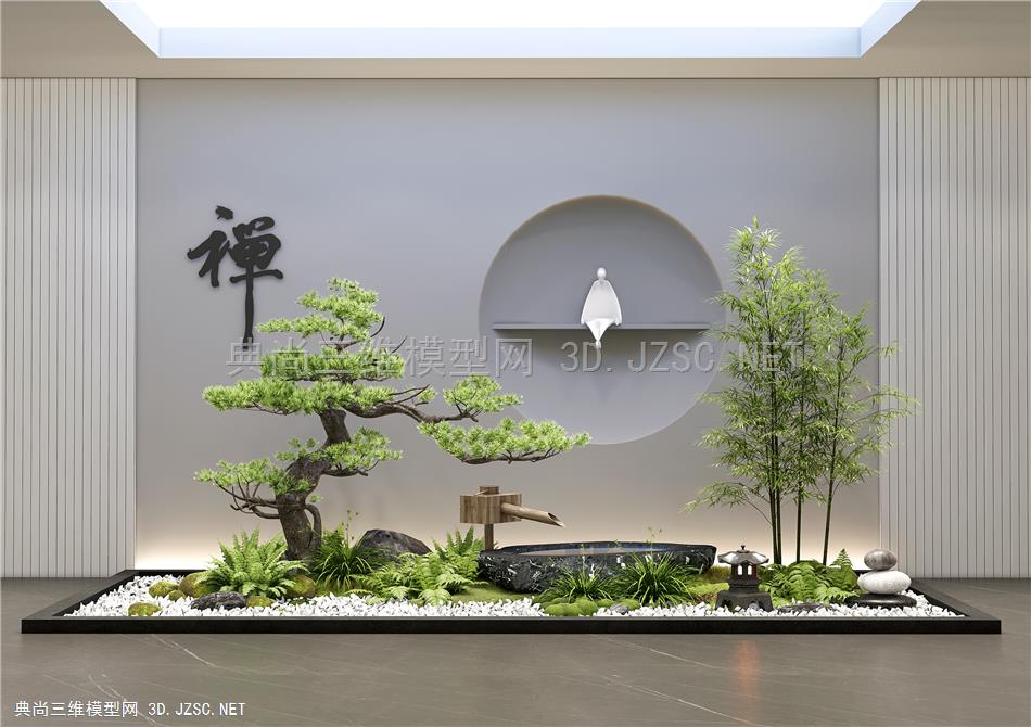 新中式室内景观造景 庭院小品 迎客松 景观石头 植物景观1