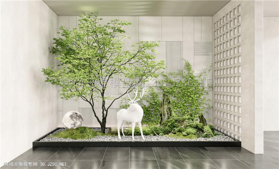 现代庭院景观小品 室内造景 苔藓枯木 景观植物 植物组合 麋鹿雕塑 乔木
