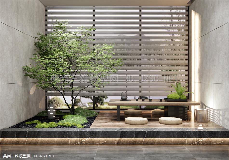 新中式茶室 茶桌椅 室内景观造景 乔木1