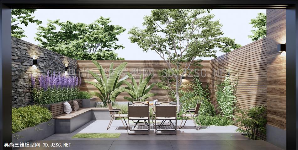 现代庭院景观 户外桌椅 植物堆 灌木 景观树 花草1