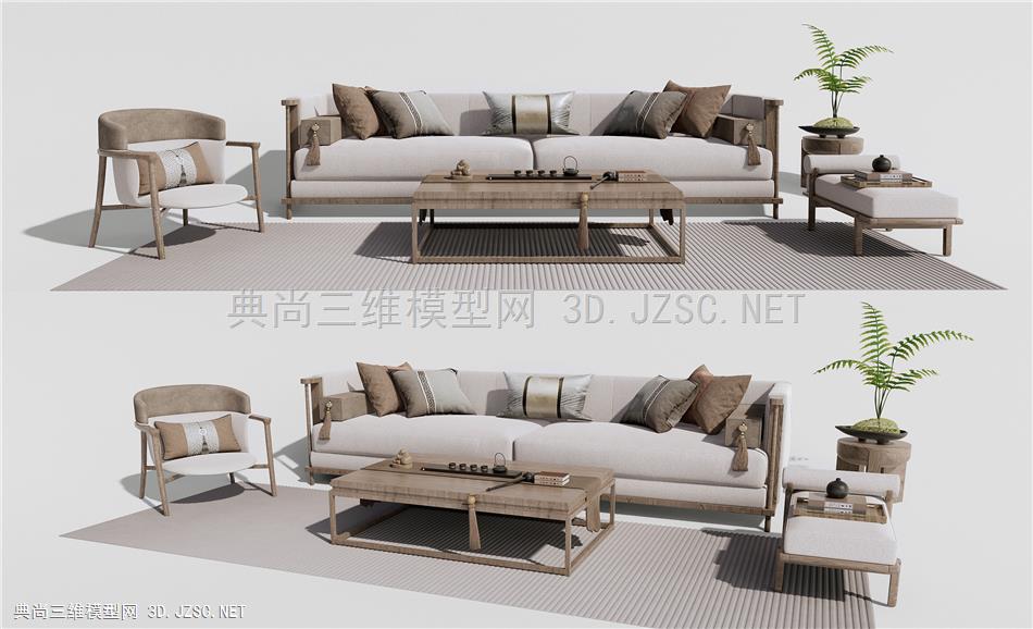 新中式沙发茶几组合 多人沙发 休闲椅 坐凳