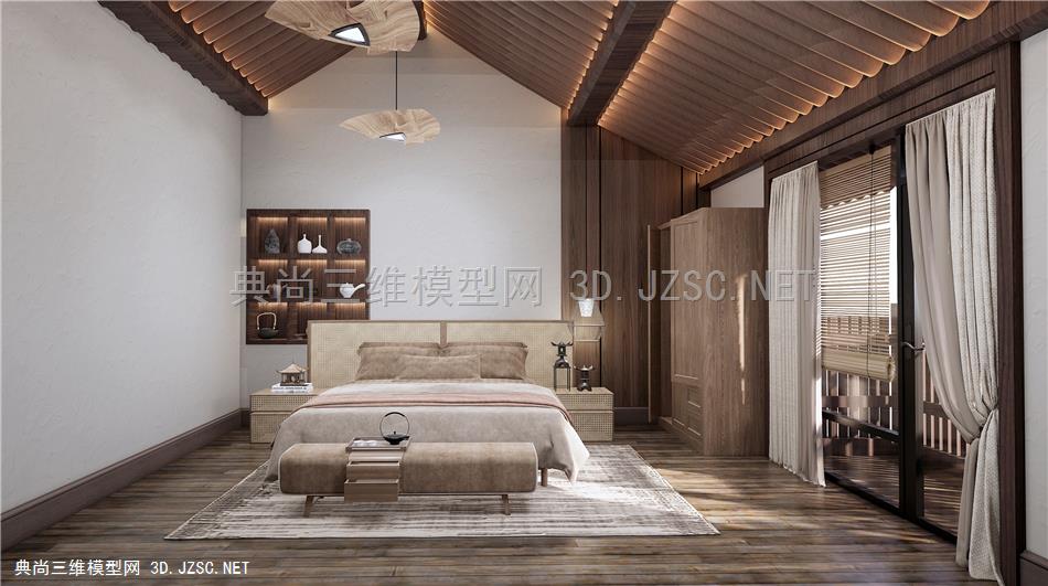 新中式民宿客房 卧室 双人床 衣柜 吊灯1