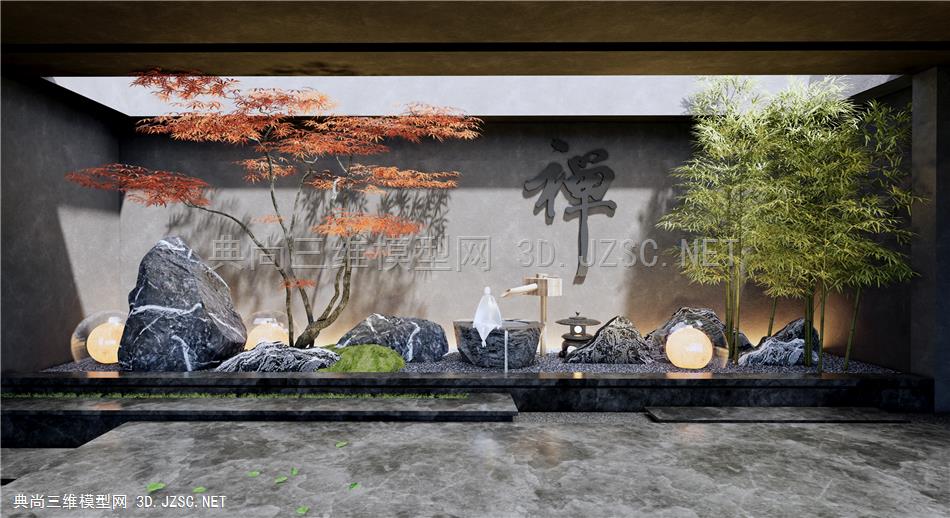 新中式庭院景观小品 景观造景 红枫树 石头 雪浪石 水钵 竹子 天井造景