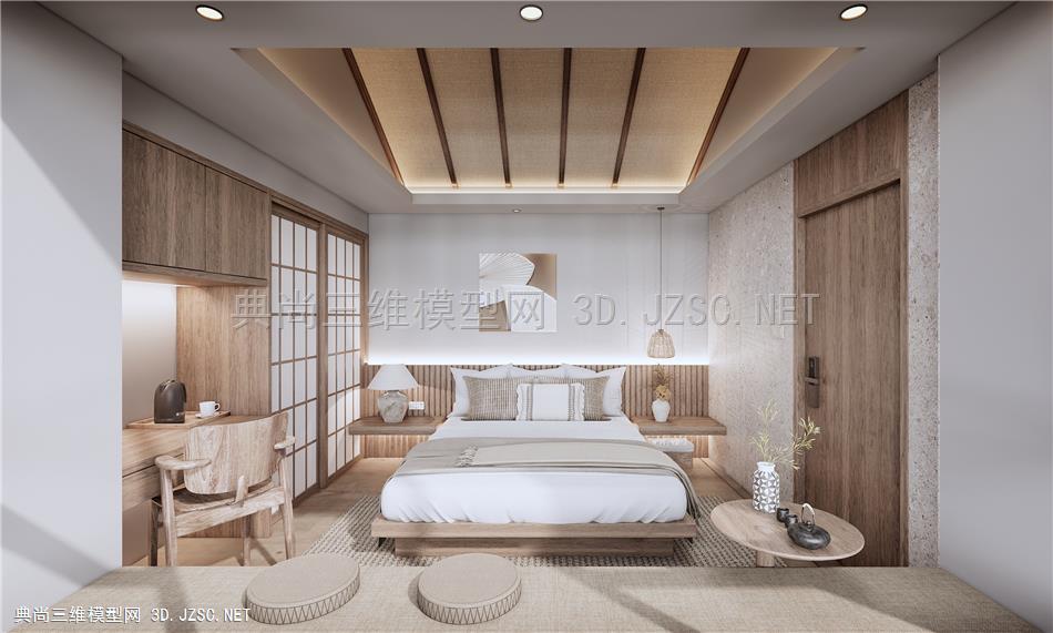 新中式卧室 双人床 民宿客房 书桌