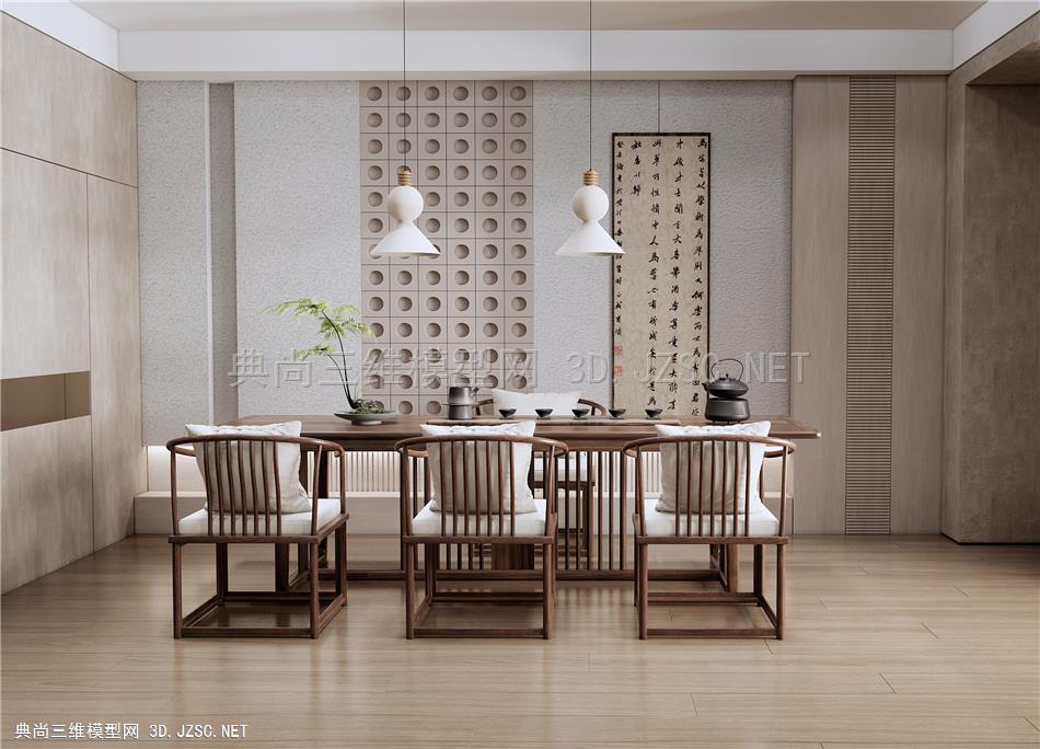 新中式茶室 茶桌椅 茶台 盆栽摆件