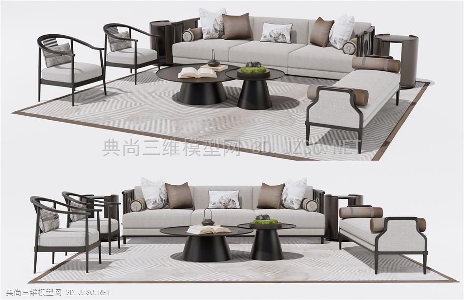 新中式沙发茶几组合 双人沙发卧榻 单人休闲椅