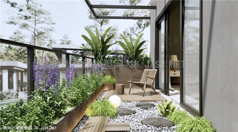 现代别墅花园阳台 露台景观 花草植物 休闲椅 植物堆 植物组合 灌木绿植