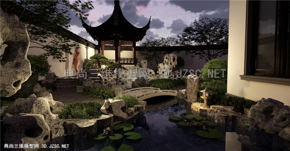 中式庭院景观石桥 景观亭假山水景石灯鱼池景墙