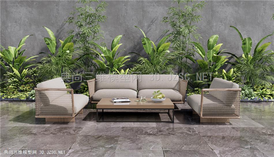 现代户外沙发 庭院休闲沙发 藤编沙发 灌木 植物堆 植物组合