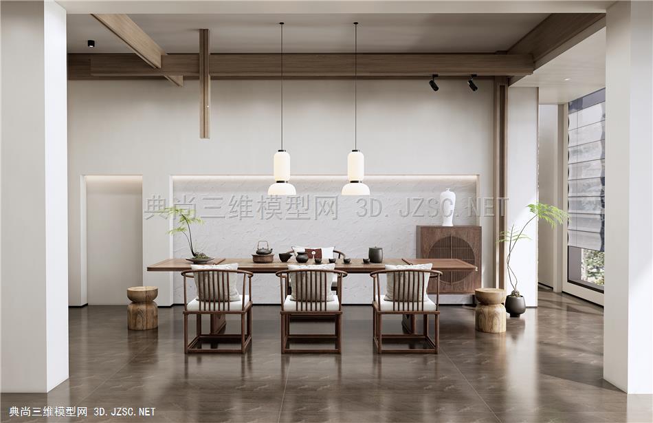 新中式茶室 茶桌椅 休闲椅 盆栽 边柜