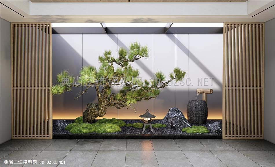 新中式庭院景观小品 室内景观造景 松树 石头 景观石 水钵
