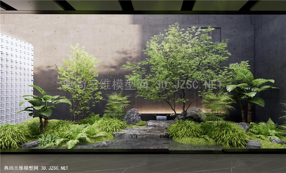 现代庭院小品 景观造景 植物组合 植物堆 水景 跌水景观 乔木1