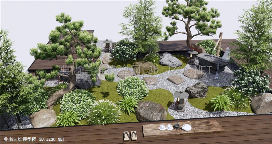 日式庭院景观造景 庭院小品 枯山石 景观石 石头 植物景观 植物堆 松树 微地形 水钵 竹子 茶台