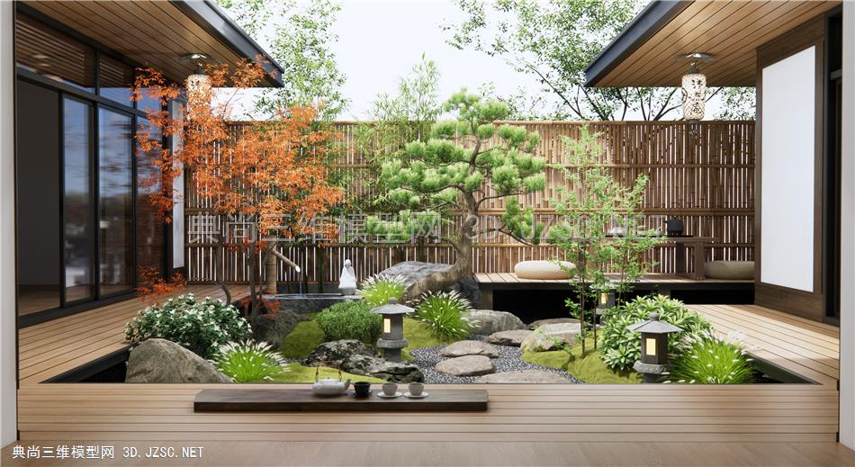 日式禅意庭院景观 枯山水庭院 居家院子 植物堆 灌木绿植 茶桌椅 石头 景观石 微地形