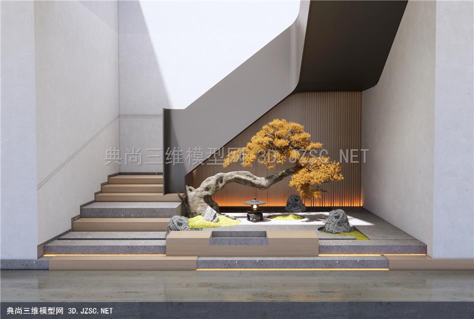 新中式楼梯间景观造景 庭院小品 石头 造型松树 禅意小景
