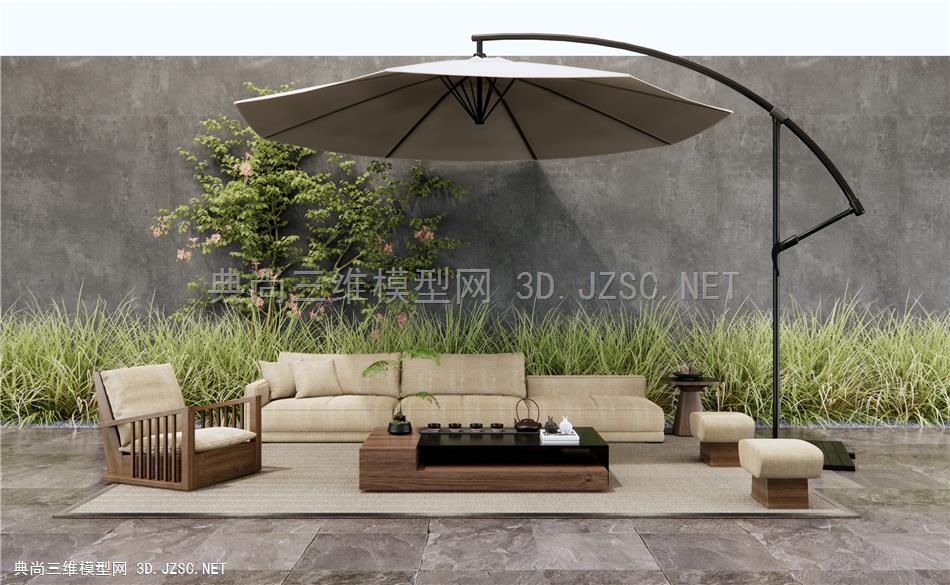 新中式户外沙发 沙发茶几 单人沙发 多人沙发 沙发凳 花草 植物景观1