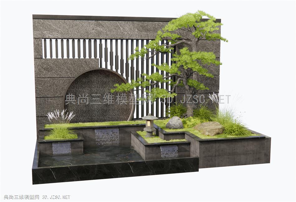 新中式水景墙 景观小品 庭院景观造景 枯山水松树水景 假山石头1