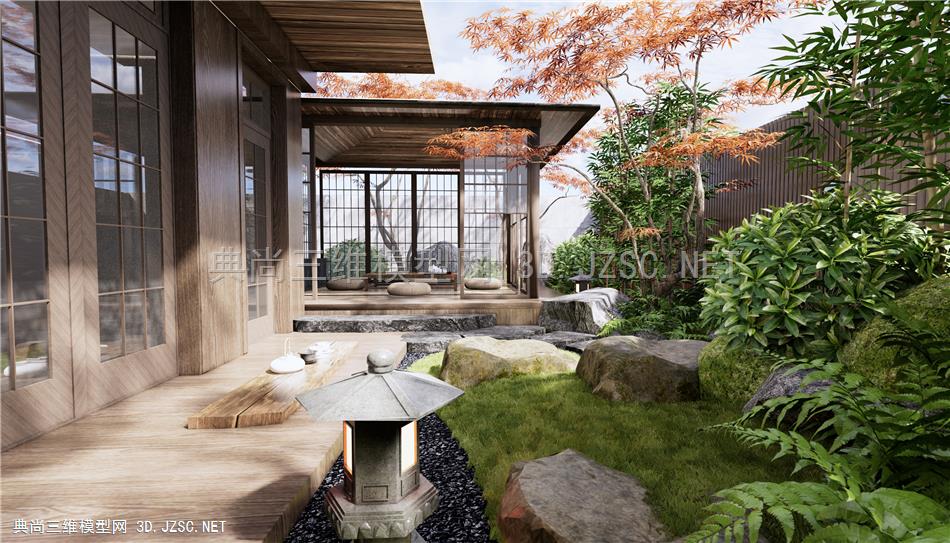日式庭院景观 户外茶室 茶桌椅 红枫 植物景观 禅意下沉庭院 别墅花园