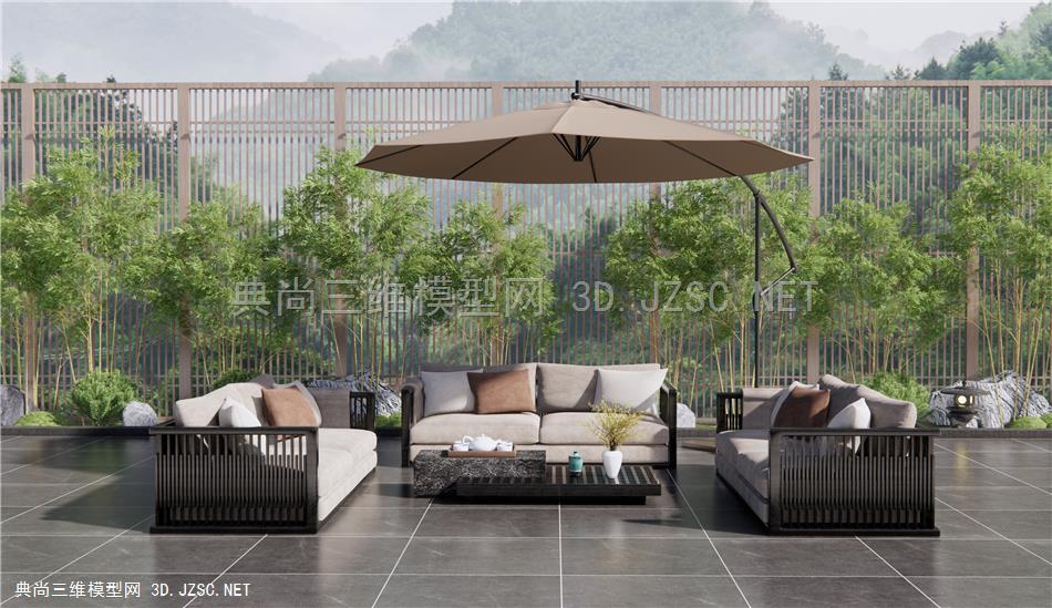 新中式户外沙发 庭院景观 竹子 灌木 植物景观 实木休闲沙发1