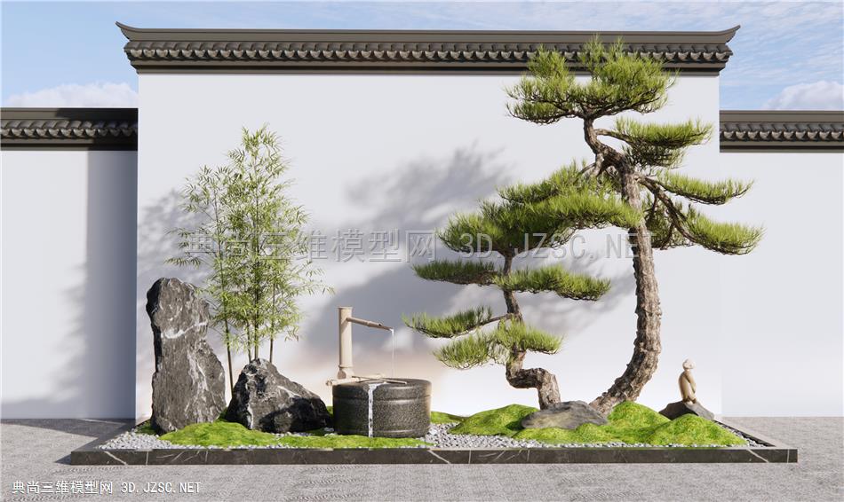 新中式景观造景 庭院景观小品 景观石头 迎客松 景墙 水钵