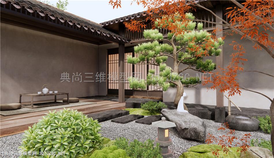 日式民宿庭院景观 茶室 禅意庭院造景 植物景观 植物堆 红枫 松树1