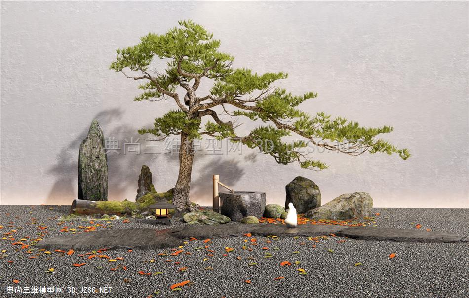 日式庭院景观小品 石头 景观石 石板路 罗汉松 松树 庭院景观造景