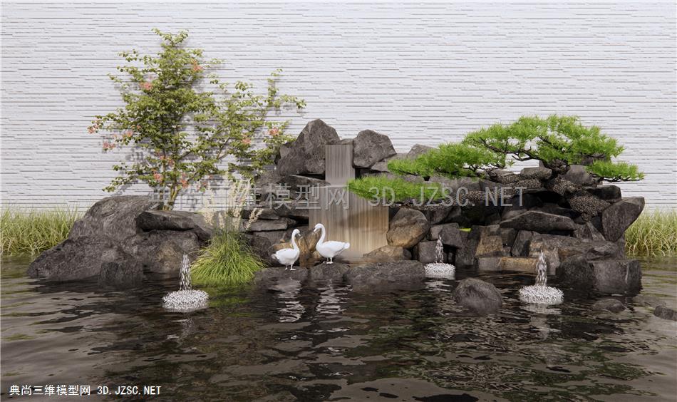 现代假山水景 假山石头 叠水 水景 罗汉松 小鸭雕塑小品1