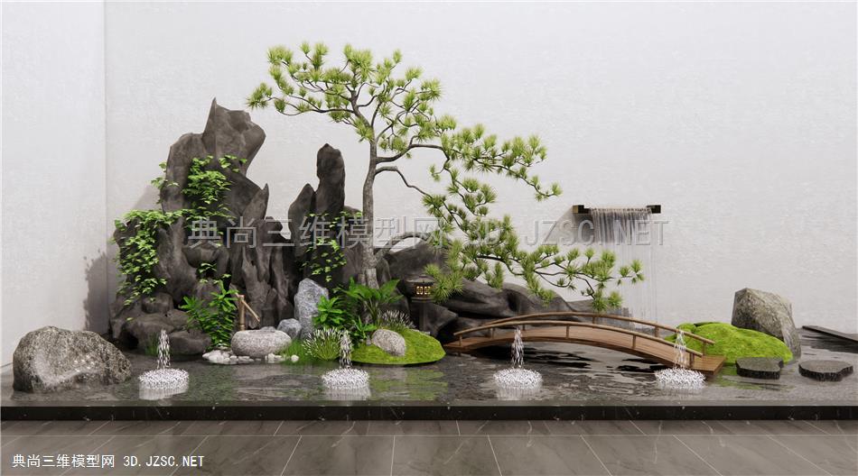 新中式假山水景 石头 景观石 小桥 松树 庭院小品 水景 水钵