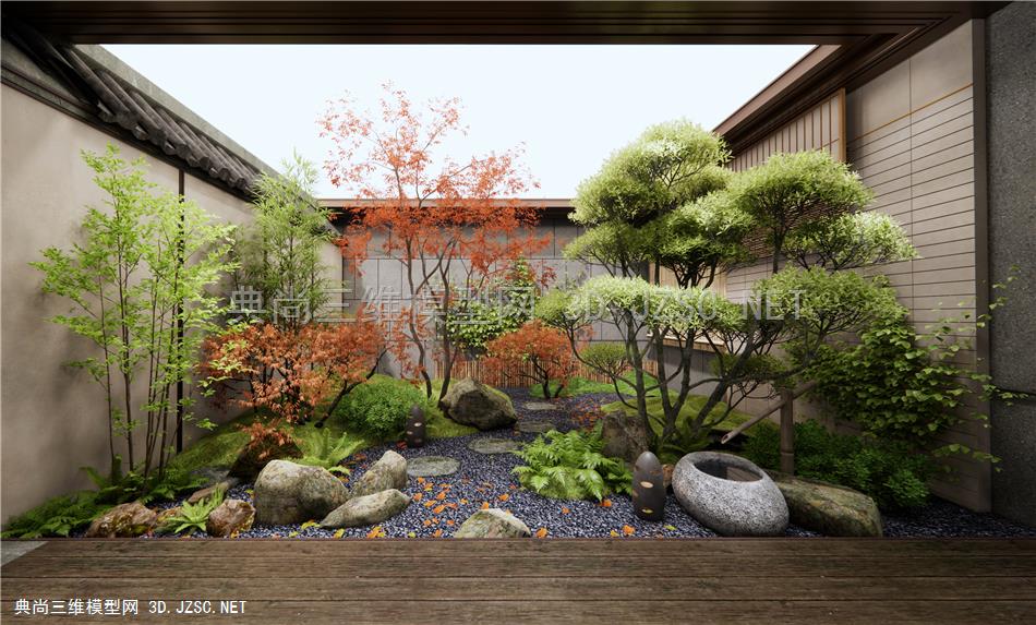 新中式庭院景观 植物堆 灌木绿植 景观树 红枫 景观石头 地灯 松树1