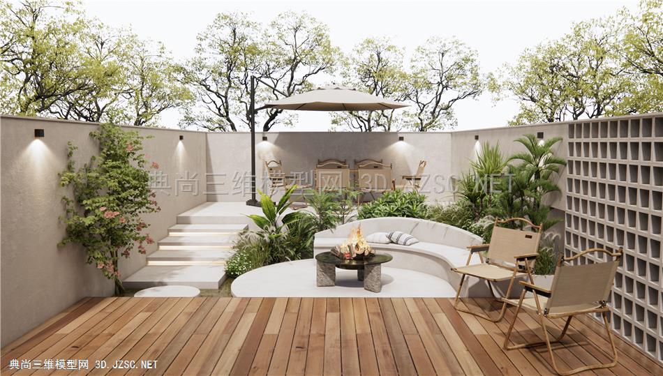 现代庭院景观 屋顶花园 户外桌椅 休闲椅 植物堆 植物组合 灌木 景观树1