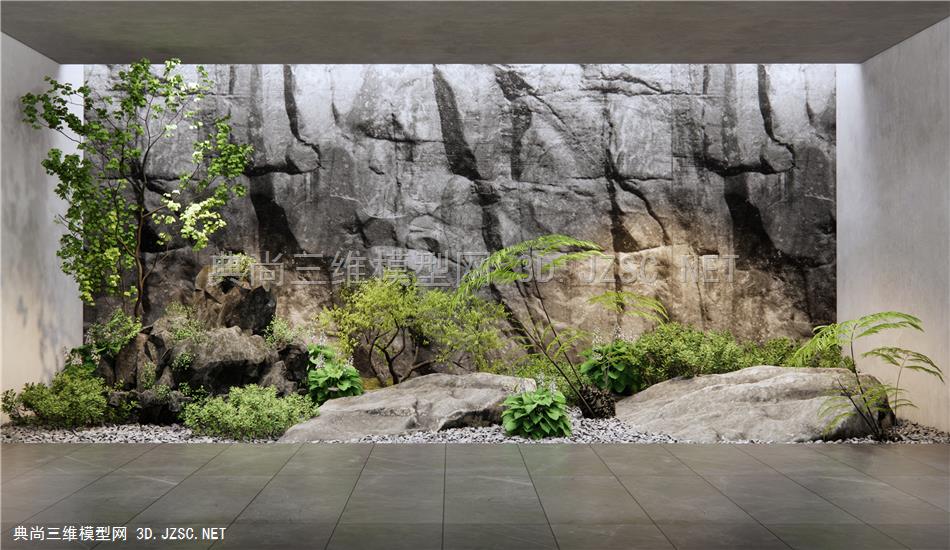 现代室内景观造景 庭院小品 石头 景观石 假山 植物景观 植物堆 灌木 毛石背景墙