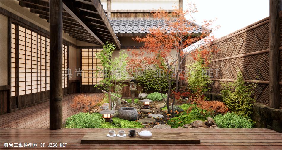 日式禅意庭院景观 枯山水 中庭造景 石头 景观石 植物景观 红枫 水钵 苔藓植物1