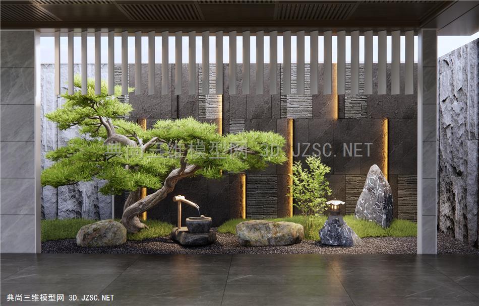 新中式庭院景观造景 罗汉松 石头 水钵 景墙 景观石1