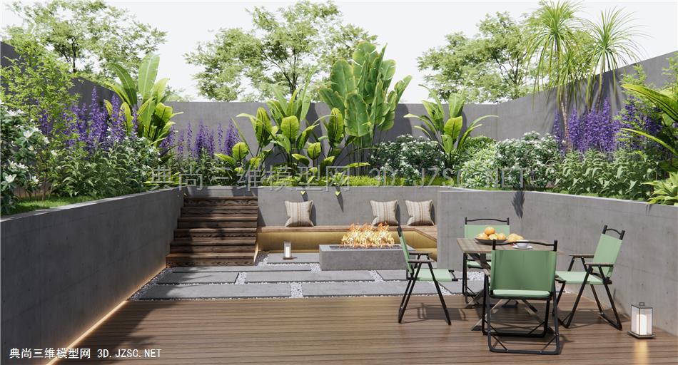现代庭院花园 户外桌椅 景观座椅 花草 灌木 植物组合 植物堆