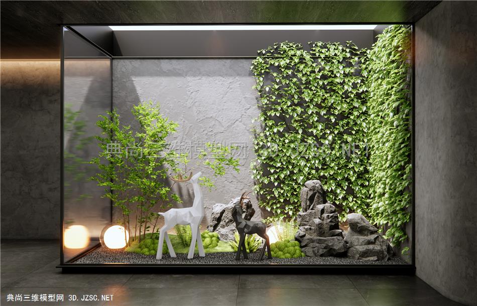 现代室内造景 庭院景观小品 绿植墙 爬山餐 植物景观 假山石头 麋鹿雕塑