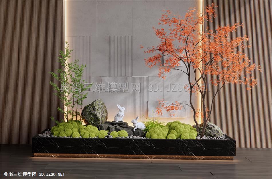 现代室内植物景观造景 庭院小品 苔藓植物 乔木 红枫 石头