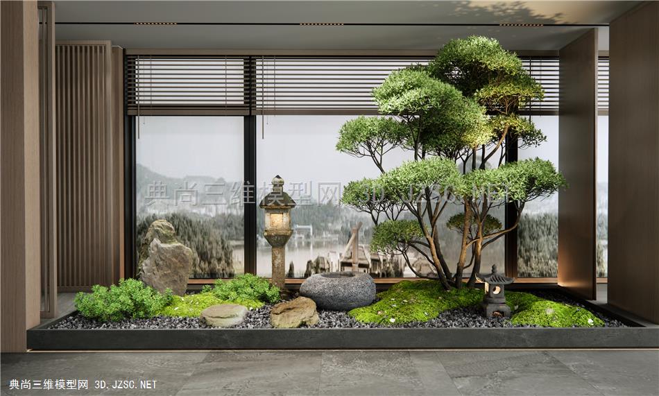 新中式室内景观造景 庭院小品 石头 枯山水 景观树 松树 石灯 地灯 水钵