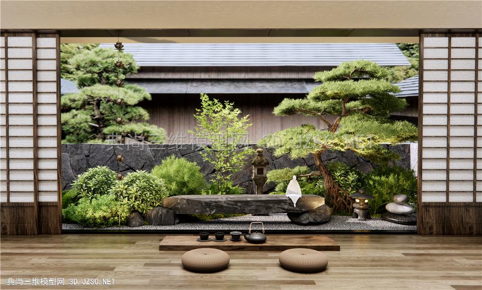 日式庭院景观造景 庭院小品 植物堆 石头 茶室 茶台 坐垫 造景松树 灌木