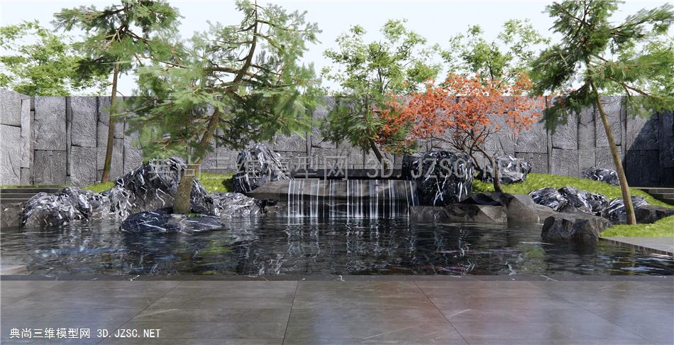 新中式假山水景 叠水景观 庭院景观 石头 景观石 示范区水景 松树 罗汉松1