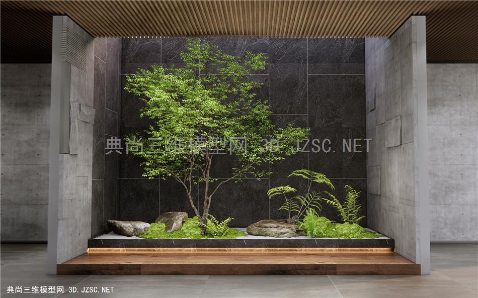 现代室内植物景观造景 庭院小品 苔藓植物 蕨类植物 石头 毛石墙