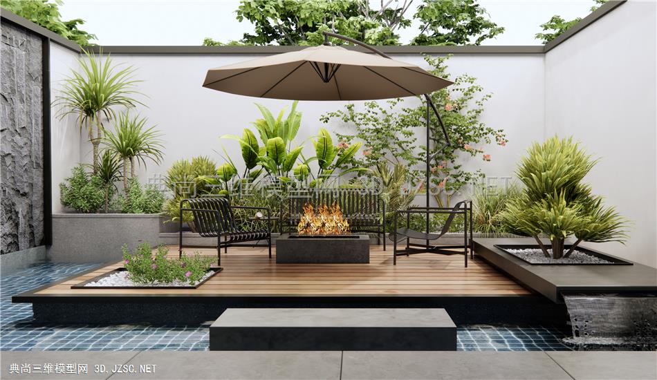 现代户外铁艺沙发 户外桌椅 庭院景观 水景 花草 植物堆