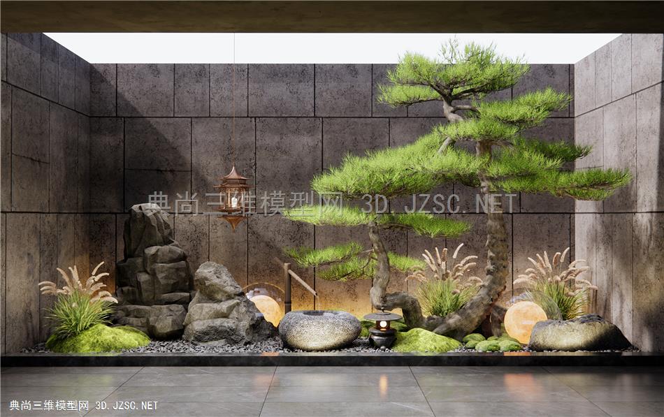 新中式天井庭院小品 景观造景 假山水景 造型松树 苔藓 狼尾草 植物景观 石头1